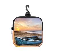 Blue Fishing Boat Square Zipper Pouch with All-Over Print,Waterproof Rubber-Fabric, Lightweight Durable Small Organizer Bag for Coins, Cards, Keys