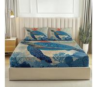 Blue Fitted Sheet Bedding Set, Coastal Vintage Turtle Durable Microfibre for Busy Households, Quick Dry & Cosy, Double (53" x 75"), 30cm Deep Fit + 2 Pillowcases