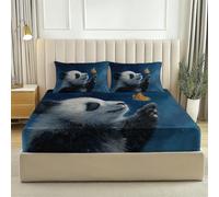 Blue Fitted Sheet Bedding Set, Fantasy Nature Panda Print for Serene Bedroom, Breathable Microfibre, Cooling for Hot Sleepers, Double (53" x 75"), 30cm Deep Fit + 2 Pillowcases