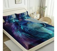 Blue Fitted Sheet Bedding Set, Gothic Eerie Jungle Wolf Durable Microfibre for Busy Households, Quick Dry & Cosy, Double (53" x 75"), 30cm Deep Fit + 2 Pillowcases