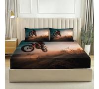 Blue Fitted Sheet Bedding Set, Industrial Off-road Moto Print for Serene Bedroom, Breathable Microfibre, Cooling for Hot Sleepers, Double (53" x 75"), 30cm Deep Fit + 2 Pillowcases