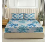 Blue Fitted Sheet Bedding Set, Modern Fantasy Bow Durable Microfibre for Busy Households, Quick Dry & Cosy, Double (53" x 75"), 30cm Deep Fit + 2 Pillowcases