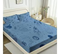 Blue Fitted Sheet Bedding Set, Modern Planet Minimalist Print for Serene Bedroom, Breathable Microfibre, Cooling for Hot Sleepers, Double (53" x 75"), 30cm Deep Fit + 2 Pillowcases