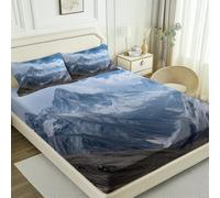 Blue Fitted Sheet Bedding Set, Scandi Grand Snowy Peaks Print for Serene Bedroom, Breathable Microfibre, Cooling for Hot Sleepers, Double (53" x 75"), 30cm Deep Fit + 2 Pillowcases