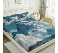Blue Fitted Sheet Bedding Set, Scandi Pure Glacial Peak Print for Serene Bedroom, Breathable Microfibre, Cooling for Hot Sleepers, Double (53" x 75"), 30cm Deep Fit + 2 Pillowcases
