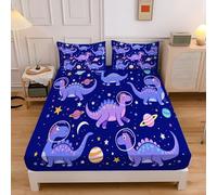 Blue Fitted Sheets, Cartoon Animals Space Dinosaurs Single Fitted Sheet, Bed Sheets Extra Deep Pocket 12 inch (30 cm) Microfiber Brushed 90x190cm Bed Sheet with 2 Pillowcases 50×75cm