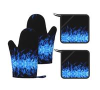 Blue Flame Printed Kitchen Set with Heat Resistant Oven Mitts & Non-Slip Pot Holders for Baking Grilling