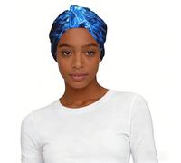 Blue Flame Printed Knotted Turban Hat, Comfy Sleep Cap Protective Headwear, for Home Work Travel Comfort