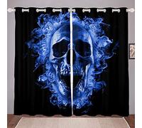 Blue Flame Skull Curtain Boys Teens Death Skeleton Curtains Youth Horror Skull Print Window Curtains for Bedroom Halloween Themed Drapes 2 Panel Set W66*L72