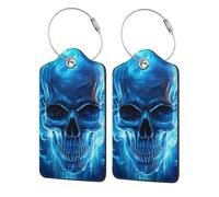 Blue Flame Skull Luggage Tag, Pu Leather Travel Luggage Tag Suitcase Tag Durable Steel Loop Suitcase Tags Identifiers