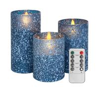 Blue Flameless Candles with Remote, Real Wax Glass Battery Operated Candles with Timer, LED Pillar Candle for Bedroom Home Wedding Birthday Party Fall Halloween Christmas Decorations, Set of 3