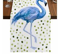Blue Flamingo Table Runner, Art Green Polka Dots Animals Elegant Standing Bird Cotton and Table Linen Runner for Kitchen Dining Home Decor for Party Festival Holiday Decoration Gift 16x72in