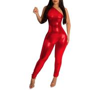 Blue Flared Trousers Women's Sexy Metallic One Shoulder Sleeveless Backless Shiny Bodycon Jumpsuits Romper ersey Jumpsuit (Red, L)