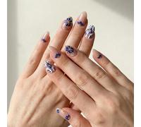 Blue Floral Almond-Shaped Press-On Nails with Translucent Nude Base - 24Pcs Glossy Short False Nails, Handmade Flower Design Artificial Tips for Women, Easy Application Salon Look at Home