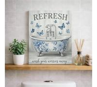 Blue Floral Bath Canvas Wall Art, Butterfly Decor Poster Prints, Spring Aesthetic Home Art for Bathroom, Living Room, Bedroom, Refreshing Function 8x10 Inch