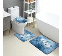 Blue Floral Bathroom Mat Sets 3 Piece, Elegant Flower Pattern Absorbent Non Slip Toilet Rugs U Shaped Washable, Modern Quick Dry Flannel Bathroom Rug Set