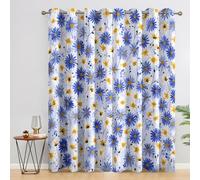 Blue Floral Blackout Curtains for Bedroom, Daisy Flower Pattern Thermal Eyelet Drapes for Living Room, 66 x 90 Inch 2 Panels, Home Decoration - D523