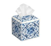 Blue Floral Boho Tissue Box Cover Square Leather Tissue Box Holder Decorative Tissue Case Covers Waterproof Tissue Holder Organizer for Bathroom Home Office