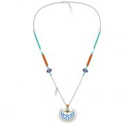 Blue Floral Ceramic Pendant Necklace, Alloy Chain | Chinese-Inspired Cloud Bead Design, Olive Pit Beads