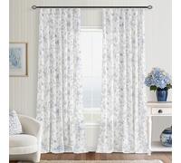 Blue Floral Curtains 90 Inch Length Pinch Pleated Back Tab Farmhouse Living Dining Room Light Filtering Linen Curtains Blue Flower Sketch Pattern Print Aesthetic Coastal Style Vintage Cottagecore