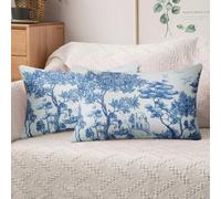 Blue Floral Decorative Toile Lumbar Throw Pillow Covers 12X20In Set of 2 French Blue Forest Pillow Cover Art Print Square Vintage Pillowcase Farmhouse Cushion Cover Home Decor for Couch Sofa Bedroom