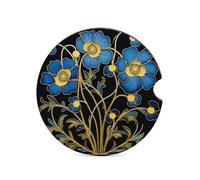Blue Floral Design Car Coasters for Cup Holder Wood Absorbent Cup Coaster 2.6 Inch Universal Non Slip Cork Base Drink Coaster Auto Interior Accessories for Women Men 1PCS