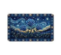 Blue Floral Dish Drying Mats for Kitchen Counter, Elegant Blue Rose Absorbent Rubber Dish Drainer Mat, Vintage Starry Night Style Drying Pad 12x20 Inch