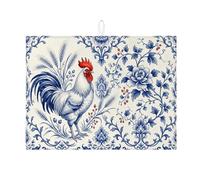 Blue Floral Dish Drying Mats for Kitchen Counter, Vintage Rooster Absorbent Dish Drainer Rack Mat, Country Farmhouse Microfiber Drying Pad for Kitchen Counter Decor 18x24 Inch