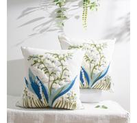 Blue Floral Embroidered Cushion Cover Decorative Sofa pillow for Home Decor | Hand Embroidery Floral Design, Invisible Zipper, Removable Washable Cushion Cover for Living Room Bedroom Home Decor