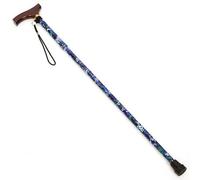 Blue Floral Extendable Walking Cane - Strong & Lightweight Foldable Extending Aluminium Stick with Ergonomic Wooden Handle, Wrist Strap & Flower Motif Design - Measures H81-91cm