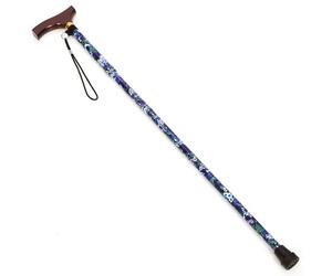 Blue Floral Extendable Walking Cane - Strong & Lightweight Foldable Extending Aluminium Stick with Ergonomic Wooden Handle, Wrist Strap & Flower Motif Design - Measures H81-91cm