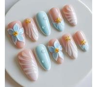Blue Floral French Tip Press On Nails with 3D Starfish Wave Design - 24PCS Medium Almond Artificial Nails Set Including Application Tools, Glossy Finish, Light Pink Sky Blue White