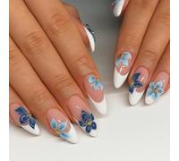 Blue Floral French Tip Press On Nails with Glossy Finish and Golden Bead - Short Almond Shape Artificial Nails Set of 24 Pieces for Women, Elegant Wedding and Party Manicure Floral Design Semi Cured