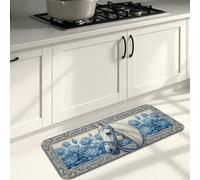 Blue Floral Kitchen Mats for Floor, Elegant Ivy and Water Lily Pattern Soft Mats, Spring Cushioned Comfort Washable Decor Rugs for Kitchen Sinks Laundryroom Bathroom 16x47 Inch