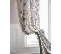 Blue Floral Linen Curtains, 59 x 84 Inches Light Filtering Rod Pocket Window Drapes for Living Room and Bedroom with Beige Tassels(1.5m*2.41m)