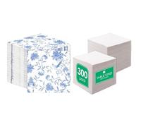 Blue Floral Napkins 100pk & White Napkins 300pk Dual Pack Disposable Party Bundle