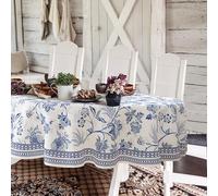 Blue Floral Oval Tablecloth, 60x84 Inch, Blue and White French Country, Rustic Floral Polyester Waterproof for Farmhouse Kitchen/Indoor and Outdoor Tables/Parties/Picnics