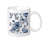 Blue Floral Pack Of 1 Printing Mug Hand-Painted Butterfly Beautiful Flower Pattern Botanical Leaves blue Ceramic Light Weight Collection Living Room Outdoor Office Flat Bottom With Handles 11 Ounce