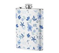 Blue Floral Pattern 8oz Leather Hip Flask - Stainless Steel Whiskey Flask for Drinks, Pocket Liquor Set for Men Wedding Groomsman