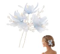 Blue Floral Pearl Hair Pins, Delicate Crystal Bridal U-Shaped Hair Clips | elegant blue floral design adds sophistication, handcrafted with pearl and crystal details, lightweight for all-day comfort
