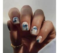 Blue Floral Press On Nails with Hand-Painted Watercolour Design & Gold Accents - 24PCS Short Square Reusable False Nails for Women, Salon Quality Glossy Artificial Tips Kit