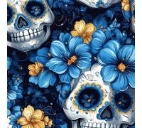 Blue Floral Skull Self Adhesive Wallpaper Gothic Style Contact Paper Peel and Stick Wallpaper Thicken Waterproof Matte with Sticky Back Canvas Wall Cabinets Furniture Stickers Decorate 0.45×5 m