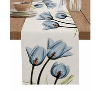 Blue Floral Table Runner 36 Inches Long,Kitchen Dinner Retro Tulip Flower Cotton Linen Dining Table Runners Dresser Scarf,Farmhouse Burlap Holiday Tablerunner for Coffee/Dining/Party/Wedding Table