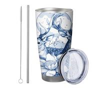 Blue Floral tumbler Pack Of 1 Hand Painting Lovely Deer Blooming Flower Leaves Botanical blue white Powder Coated Hot And Cold No Spill Outdoor Travel Pool Office Stemless Double Wall 20 Ounce