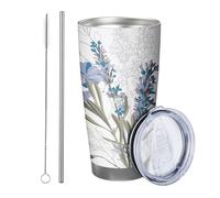 Blue Floral with lid and straw tumbler Hand Painting Plant Leaves Flower Abstract Lavender Bohemian green blue Insulated Can Cooler No Spill Yard Outdoor Picnic gym With Lid drinking cup 20 Ounce