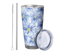 Blue Floral with lid and straw tumbler Watercolor Blooming Flower Pretty Painting Cottage Plant blue white yellow Stainless Metal Hot And Cold No Spill Outdoor Club Dorm Coffee drinking cup 20 Ounce