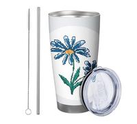 Blue Floral with lid tumbler Set Of 1 Abstract Artistic Beautiful Funny Flower Leaves Aesthetic blue green Stainless Metal Hot And Cold No Spill Office Outdoor Club Dorm Coffee drinking cup 20 Ounce