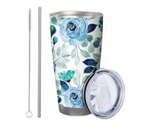 Blue Floral with lid tumbler Set Of 1 Beautiful Watercolor Painting Flower Leaves Plant Cottage green blue Insulated Metal Can Cooler No Spill School college nursery Stemless Double Wall 20 Ounce