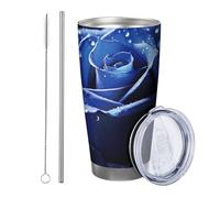 Blue Floral with lid tumbler Set Of 1 Botanical Beautiful Rose Flower Water Drop Plant Aesthetic blue black Insulated Can Cooler No Spill Yard Outdoor Picnic gym With Lid drinking cup 20 Ounce