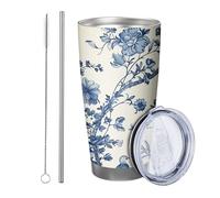 Blue Floral with lid tumbler Set Of 1 Vintage Pattern Pretty Tree Plant Flower Leaves Cute Bird beige blue Stainless Metal Hot And Cold No Spill Office Outdoor Dorm Coffee drinking cup 20 Ounce
